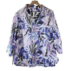 C&C California Purple White Floral Printed Linen Popover Top